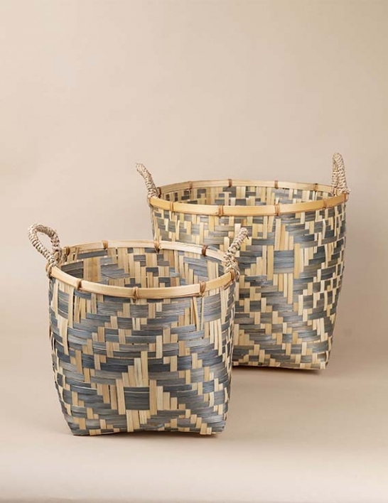 Lot de 2 corbeilles en bambou tressé à anse motifs vert et naturel - Madam Stoltz