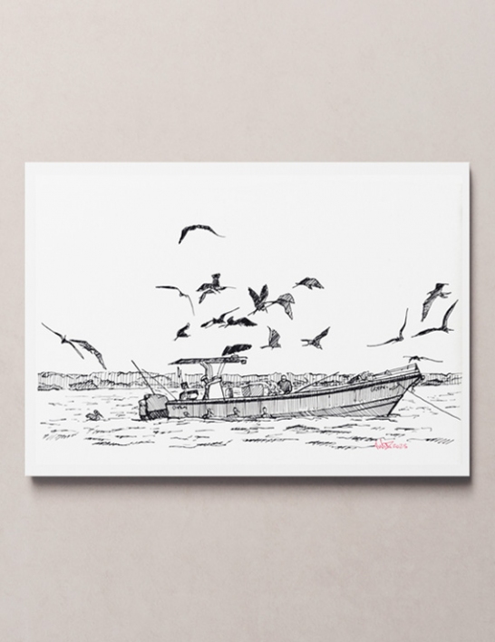 Pêche en Mer & Oiseaux – Dessin à l'Encre - 32 x 24 cm - Reproduction Numérotée - Awoz - Guadeloupe