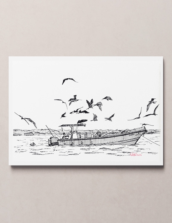 Pêche en Mer & Oiseaux – Dessin à l'Encre - 32 x 24 cm - Reproduction Numérotée - Awoz - Guadeloupe