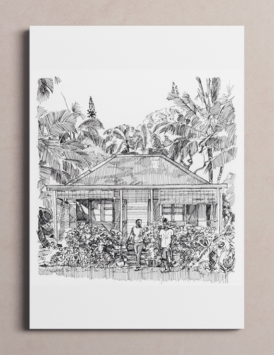 Kaz An Nou 7 Dessin à l'Encre 24 x 32 cm - Rendu avec cadre en bois