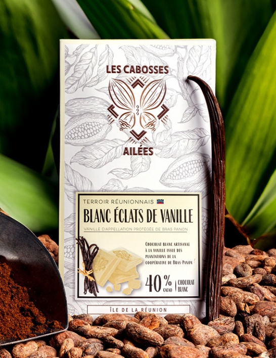 Chocolat Blanc aux Eclats de Vanille de La Réunion - 75 g - Les Cabosses Ailées
