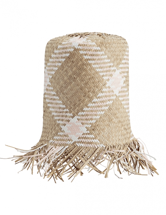 Suspension abat-jour en jonc de mer tressé naturel, rose & blanc